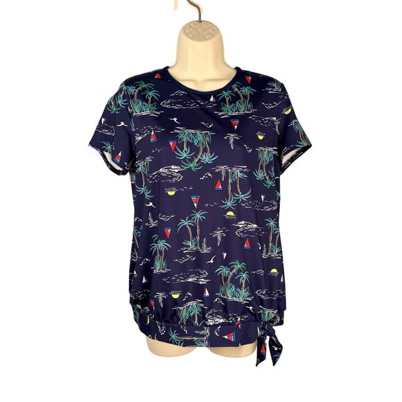 Lands End Swim Top Small 6-8 Navy Sailboat Tropical Tie Front Blouson UPF 50 - Picture 1 of 15